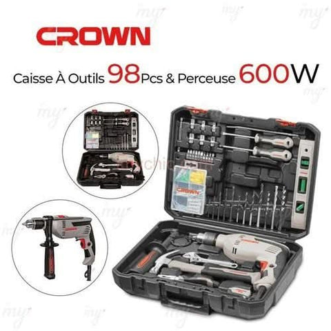 Crown Kit d'Outils 98 pièces avec perceuse à percussion 600W dans mallette noire compacte