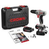 Crown Visseuse A cordless drill kit with 2 lithium batteries, charger, manual, and carrying case.